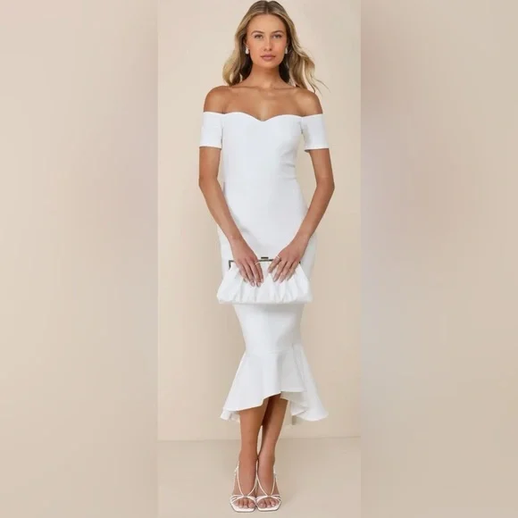 NWT Lulu's How Much Do I Care Ivory Off The Shoulder Midi Dress - Picture 5 of 7